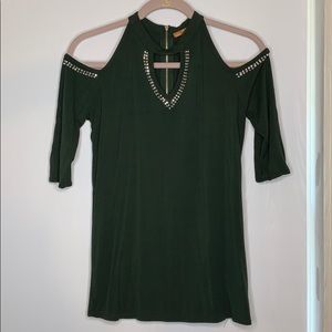 cold shoulder fitted dressy top.